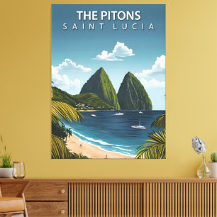 The Pitons – Vintage Travel Poster of Saint Lucia Canvas Print