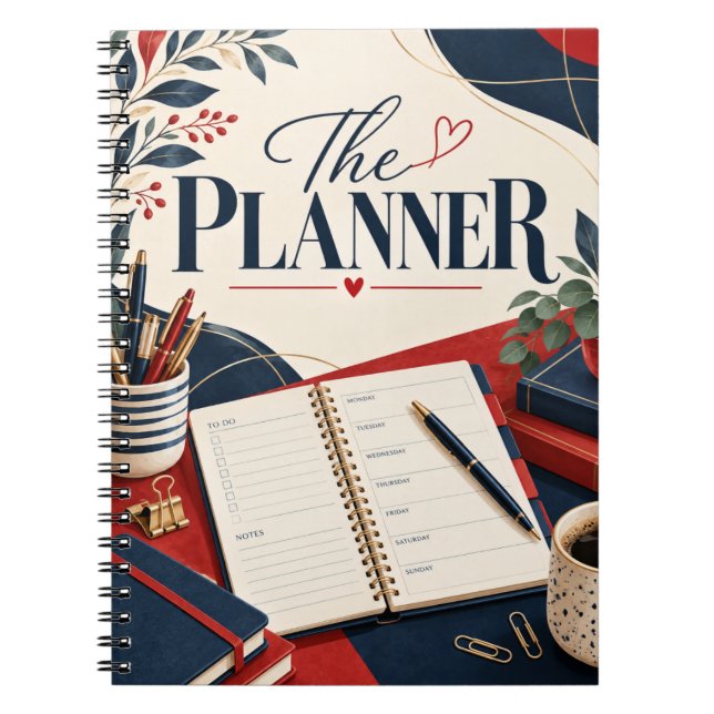 The Planner Navy Red Botanical Notebook (Front)