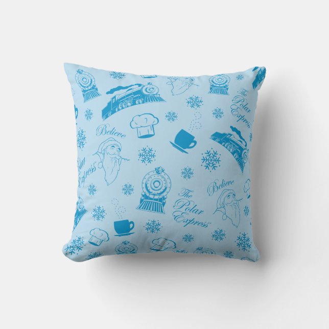 The Polar Express | Blue Holiday Icon Pattern Throw Pillow (Front)