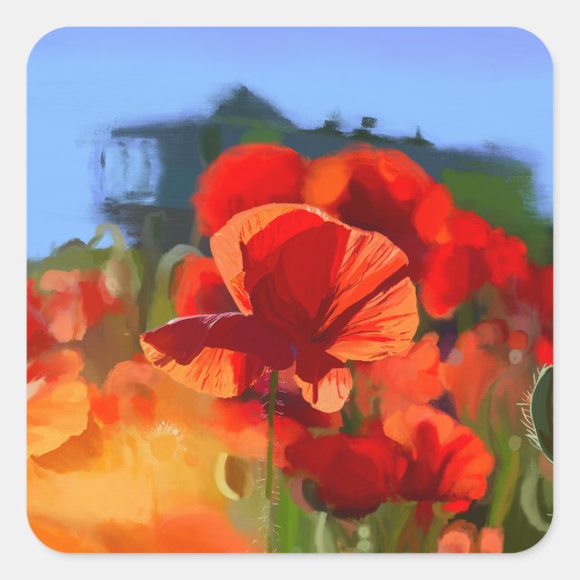 The poppy house - oil painting square sticker (Front)