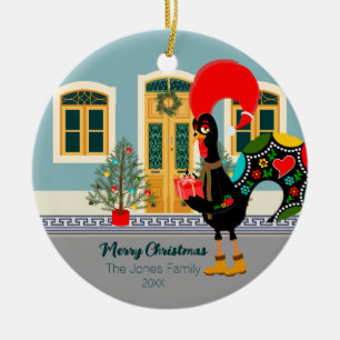 The Portuguese Rooster with a Christmas present Ceramic Ornament