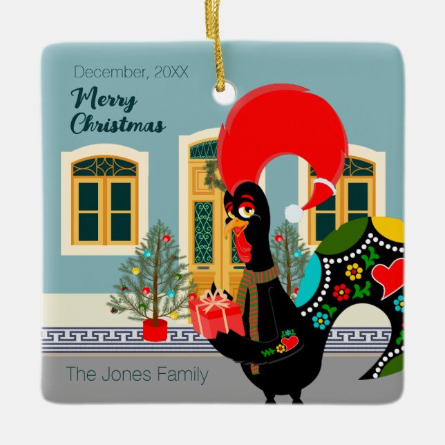 The Portuguese Rooster with a Christmas present Ceramic Ornament (Front)