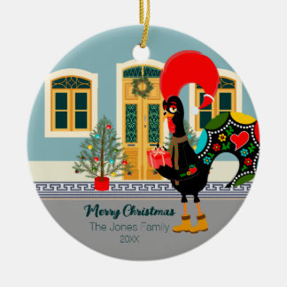 The Portuguese Rooster with a Christmas present Ceramic Ornament