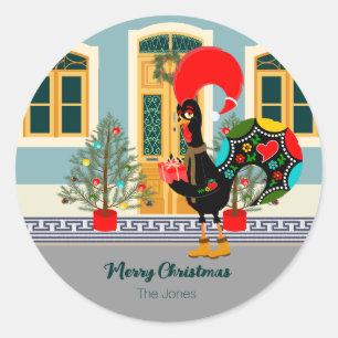 The Portuguese Rooster with a Christmas present Classic Round Sticker