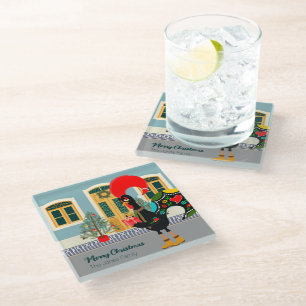 The Portuguese Rooster with a Christmas present Glass Coaster