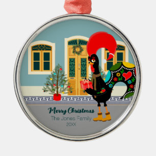 The Portuguese Rooster with a Christmas present Metal Ornament