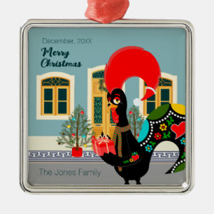 The Portuguese Rooster with a Christmas present Metal Ornament
