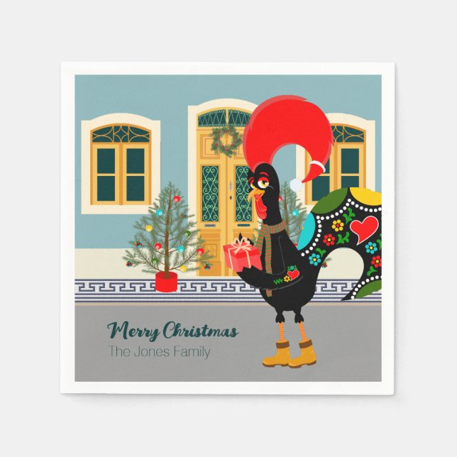 The Portuguese Rooster with a Christmas present Napkin (Front)