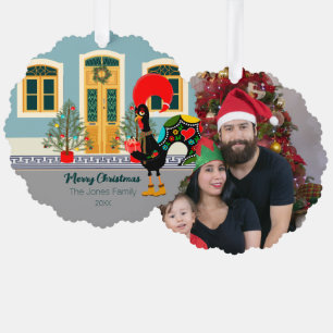 The Portuguese Rooster with a Christmas present  Ornament Card
