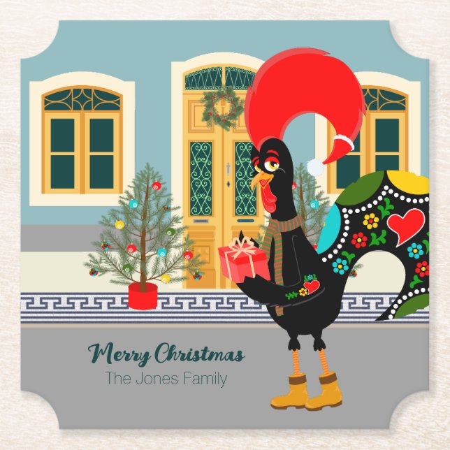 The Portuguese Rooster with a Christmas present Paper Coaster (Front)