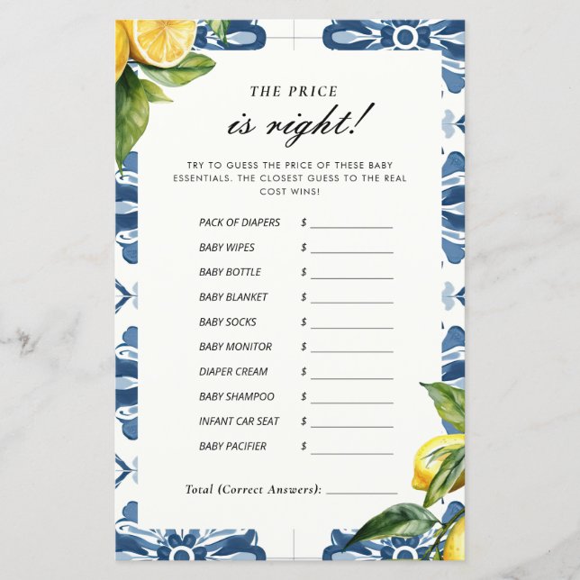 The Price is Right Lemon Positano Baby Shower Game (Front)
