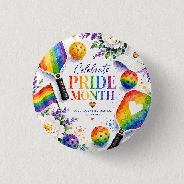 The Pride Pickleball Rainbow themed 1 Inch Round Button (Front)