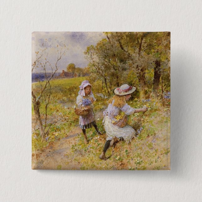 The Primrose Gatherers 2 Inch Square Button (Front)