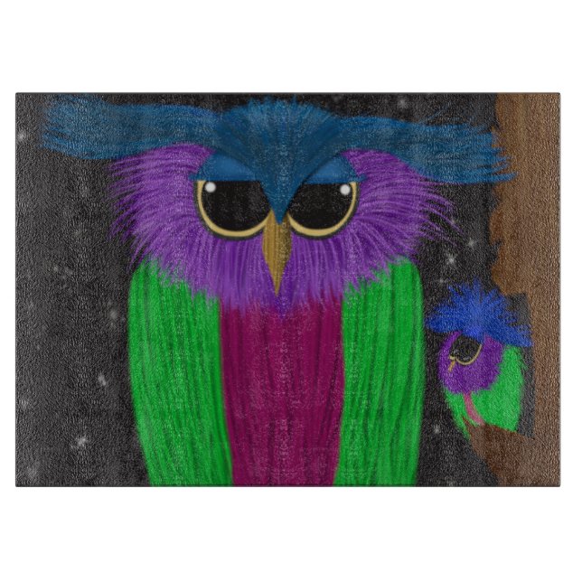 The Prismatic Crested Owl Glass Cutting Board (Front)