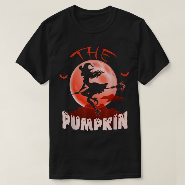 The Pumpkin Halloween Moon Witch Riding Broomstick T-Shirt (Design Front)