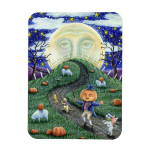 THE PUMPKIN MAN MEETING MAN IN THE MOON, HALLOWEEN MAGNET