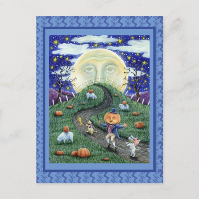 THE PUMPKIN MAN MEETING MAN IN THE MOON, HALLOWEEN POSTCARD (Front)