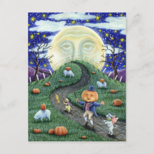 THE PUMPKIN MAN MEETING MAN IN THE MOON, HALLOWEEN POSTCARD