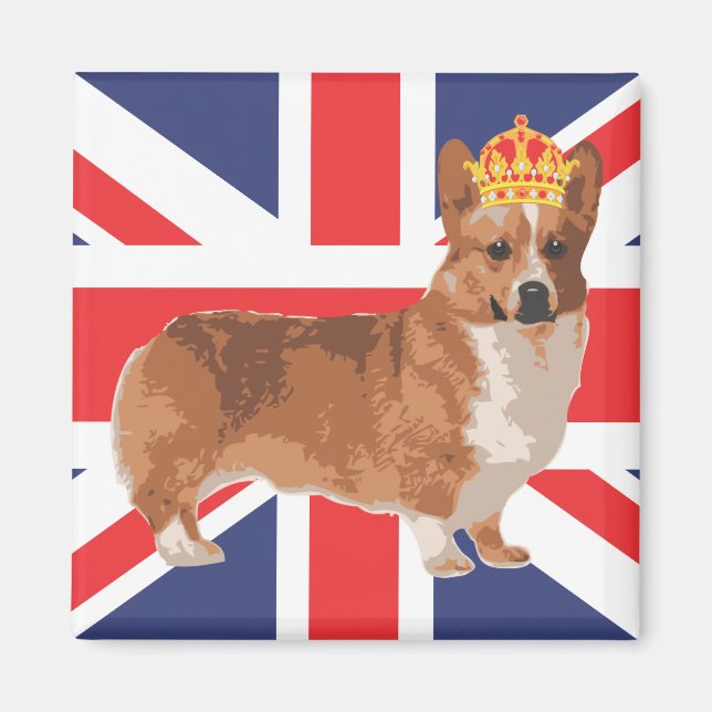 The Queen's Corgi with Crown and Union Jack Magnet (Front)