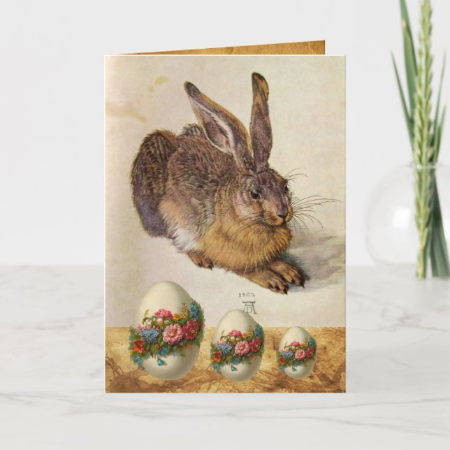 THE RABBIT ( Young Hare ) EASTER EGGS WITH FLOWERS Holiday Card (Front)