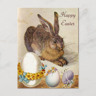 THE RABBIT ( Young Hare ) EASTER EGGS WITH FLOWERS Holiday Postcard