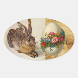 THE RABBIT ( Young Hare ) EASTER EGGS WITH FLOWERS Oval Sticker