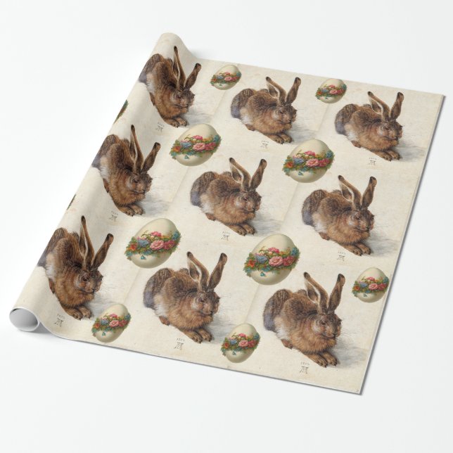 THE RABBIT ( Young Hare ) EASTER EGGS WITH FLOWERS Wrapping Paper (Unrolled)