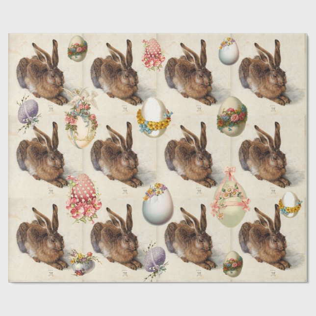 THE RABBIT ( Young Hare ) EASTER EGGS WITH FLOWERS Wrapping Paper (Flat)
