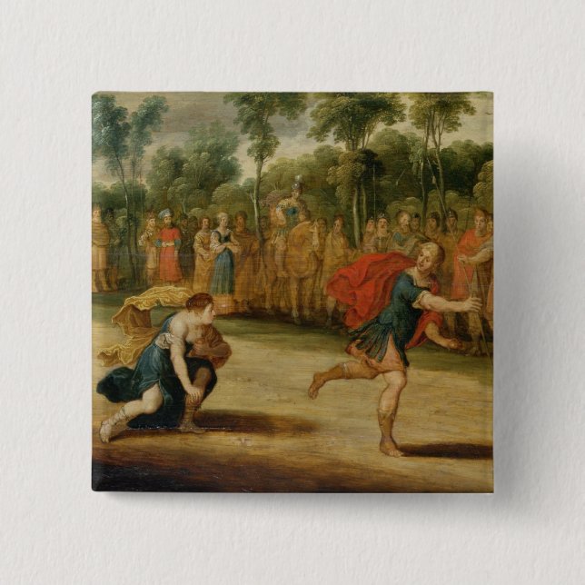 The Race of Atalanta and Hippomenes (oil on panel) 2 Inch Square Button (Front)