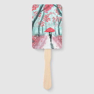 The Rainy Path Human Silhouette with Red Umbrella Hand Fan