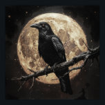 the raven and the moon poster<br><div class="desc">Portrait of beautiful black raven on a branch tree against the full glowing moon in the night</div>