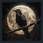 the raven and the moon poster<br><div class="desc">Portrait of beautiful black raven on a branch tree against the full glowing moon in the night</div>