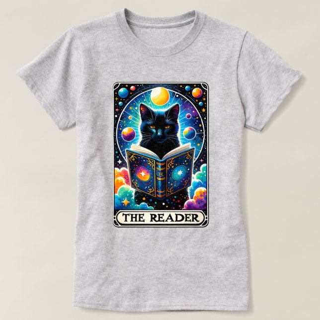The Reader Black Cat Tarot Card T-Shirt (Design Front)