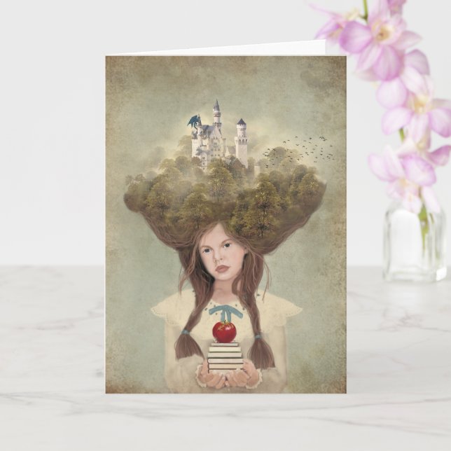 The Reader romantic young girl with books art Card (Orchid)