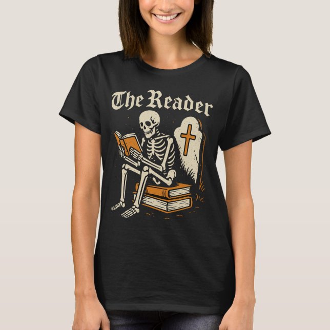 The Reader | Skeleton Booklover Halloween T-Shirt (Front)