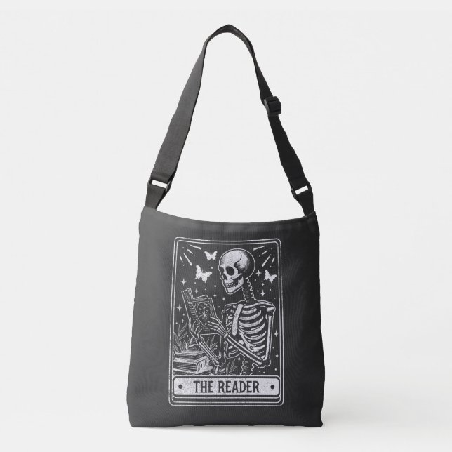 The Reader Skeleton Reading Booklover Halloween Crossbody Bag (Front)