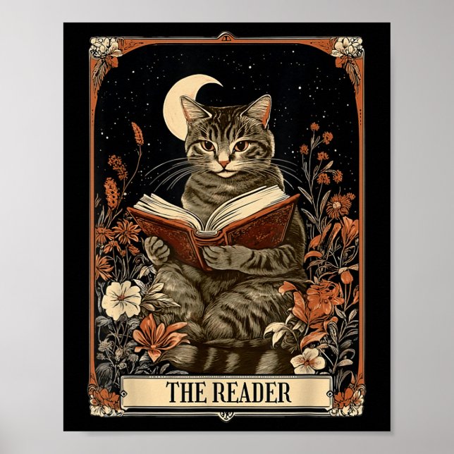 The Reader Tarot Card Cat Reading Book Floral Moon Poster (Front)