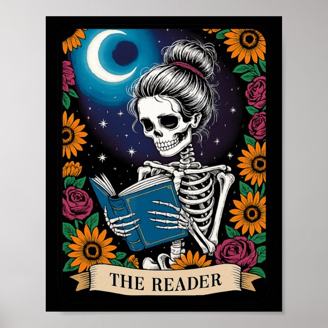 The Reader Tarot Card Funny Book Lover Skeleton Re Poster (Front)