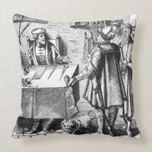 The Receiver of Taxes, after a woodcut in 'Praxis Throw Pillow