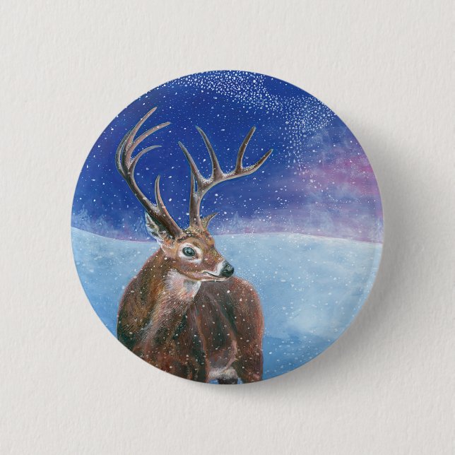 The red Deer Cervus elaphus and Winter Landscape  2 Inch Round Button (Front)