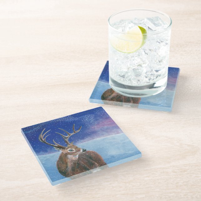 The red Deer Cervus elaphus and Winter Landscape  Glass Coaster (Angled)