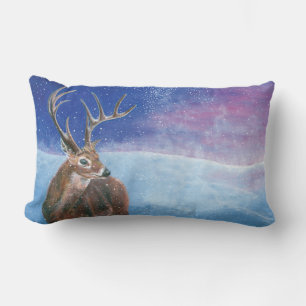 The red Deer Cervus elaphus and Winter Landscape Lumbar Pillow