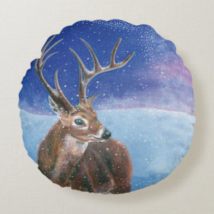 The red Deer Cervus elaphus and Winter Landscape Round Pillow