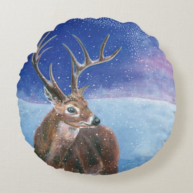 The red Deer Cervus elaphus and Winter Landscape  Round Pillow (Front)