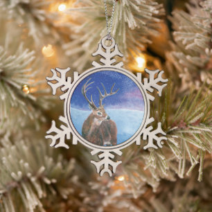 The red Deer Cervus elaphus and Winter Landscape   Snowflake Pewter Christmas Ornament