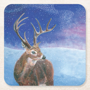The red Deer Cervus elaphus and Winter Landscape   Square Paper Coaster