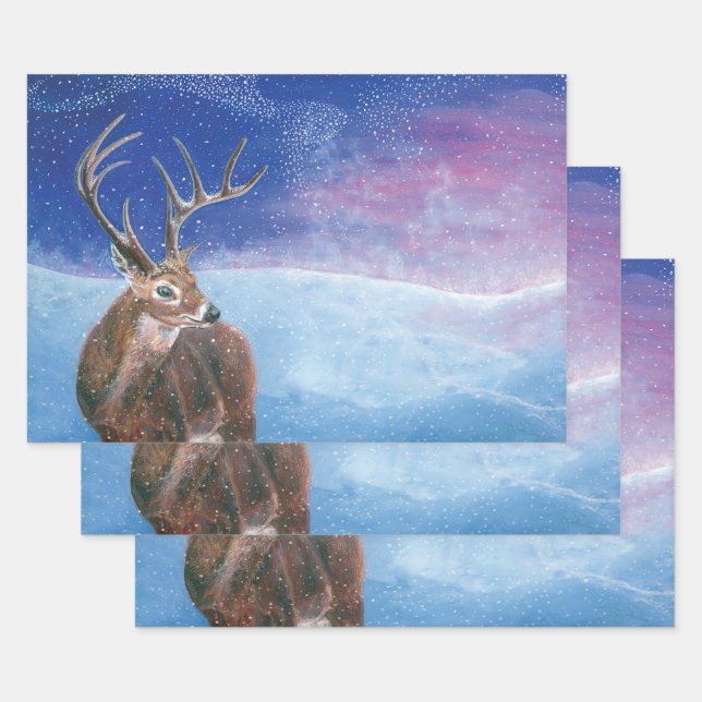 The red Deer Cervus elaphus and Winter Landscape  Wrapping Paper Sheet (Set)