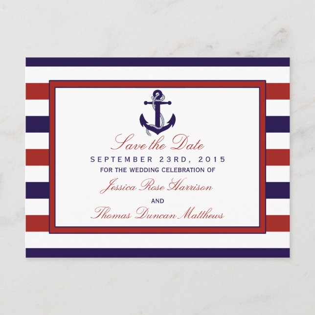 The Red & Navy Nautical Anchor Wedding Collection Announcement Postcard (Front)