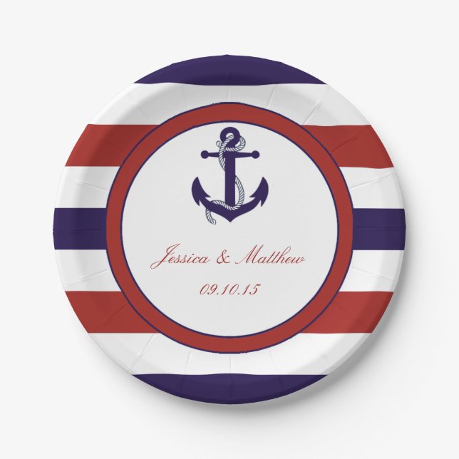 The Red & Navy Nautical Anchor Wedding Collection Paper Plate (Front)