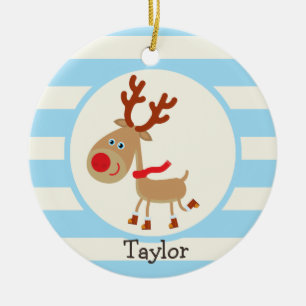 the Red Nosed Reindeer; Blue Stripes Ceramic Ornament